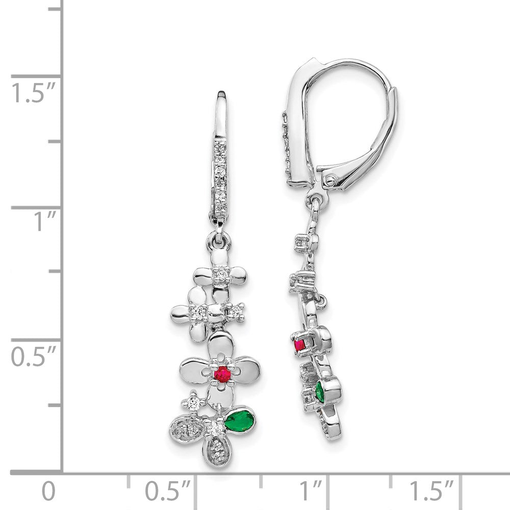 14k White Gold Real Diamond, Ruby & Emerald Flower Leverback Earrings EM3987-R/E-020-WA