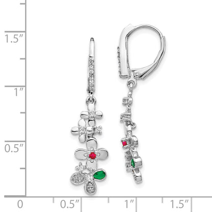 14k White Gold Real Diamond, Ruby & Emerald Flower Leverback Earrings EM3987-R/E-020-WA