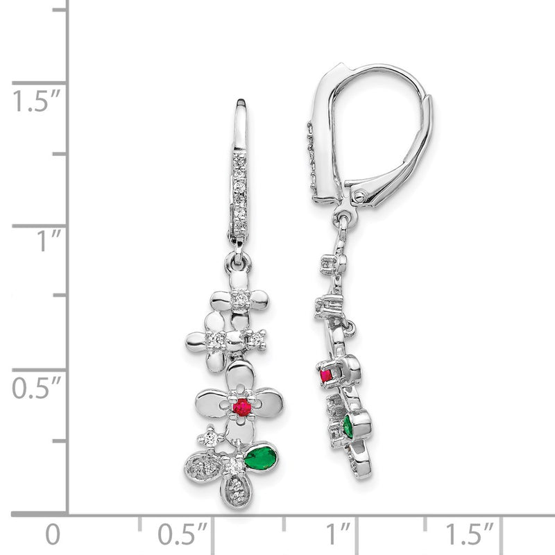 14k White Gold Real Diamond, Ruby & Emerald Flower Leverback Earrings EM3987-R/E-020-WA