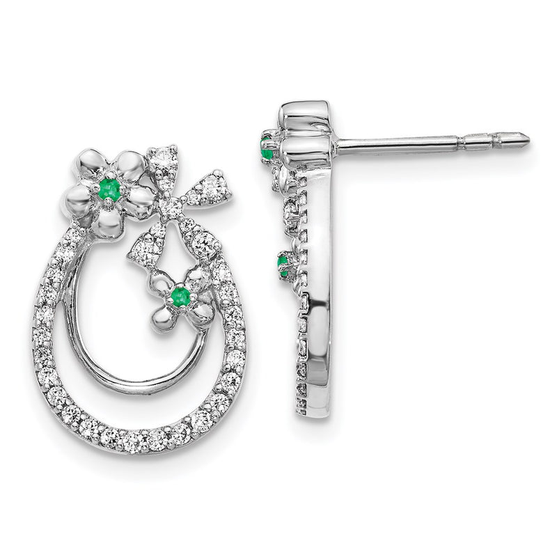 14k White Gold Real Diamond & Emerald Flower Earrings