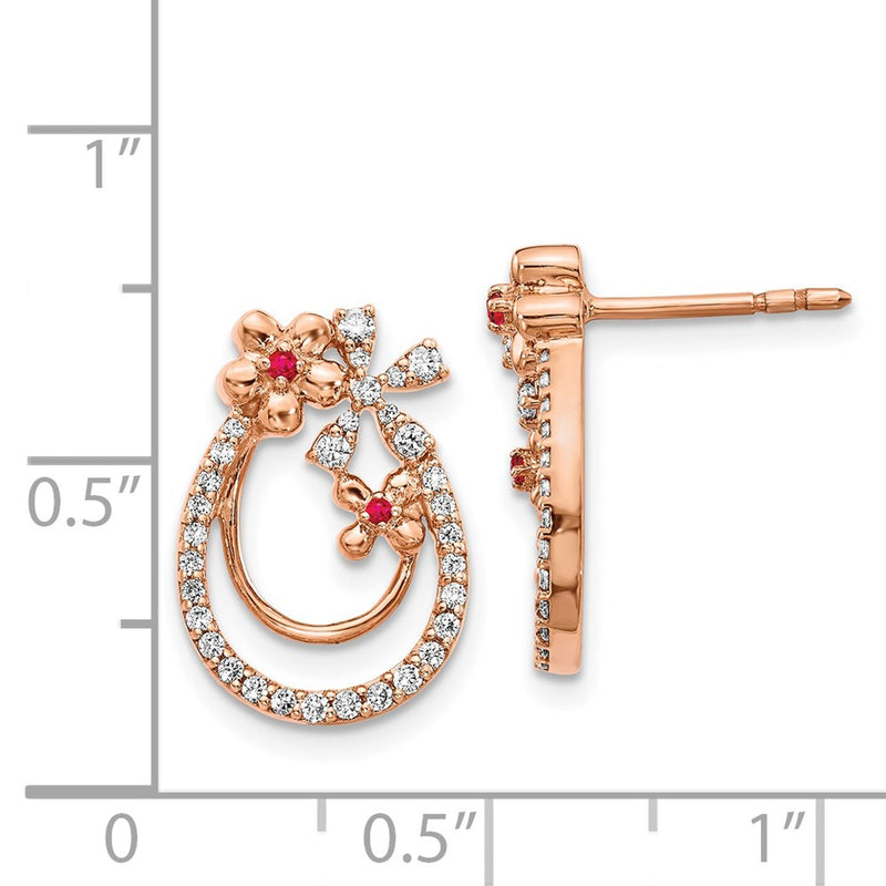 14k Rose Gold Real Diamond & Ruby Flower Earrings