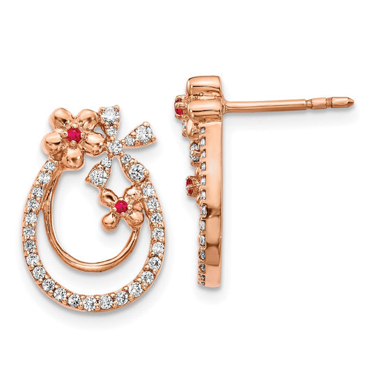 14k Rose Gold Real Diamond & Ruby Flower Earrings
