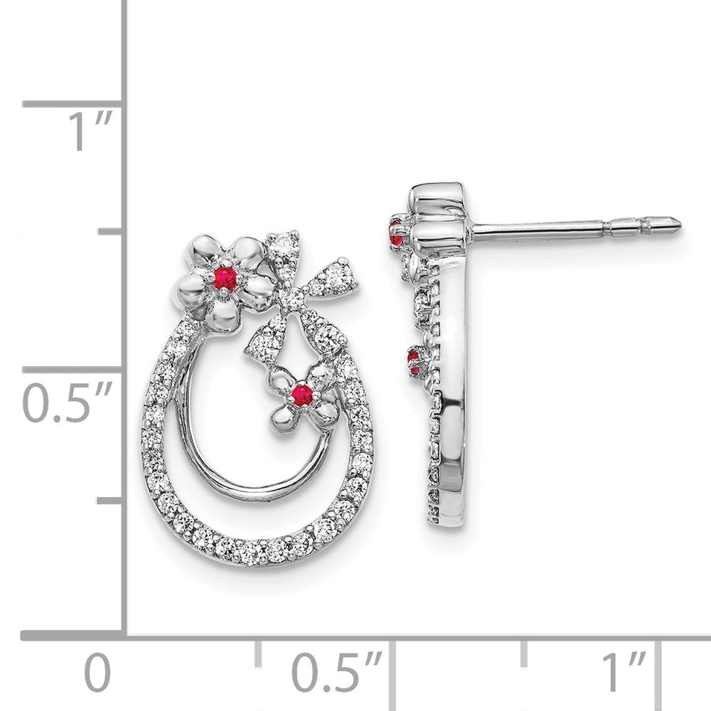 14k White Gold Real Diamond & Ruby Flower Earrings