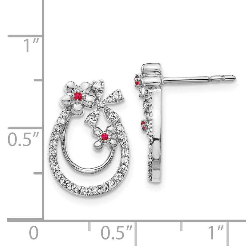 14k White Gold Real Diamond & Ruby Flower Earrings