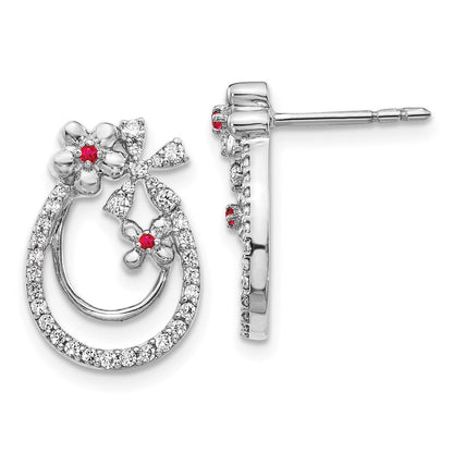 14k White Gold Real Diamond & Ruby Flower Earrings