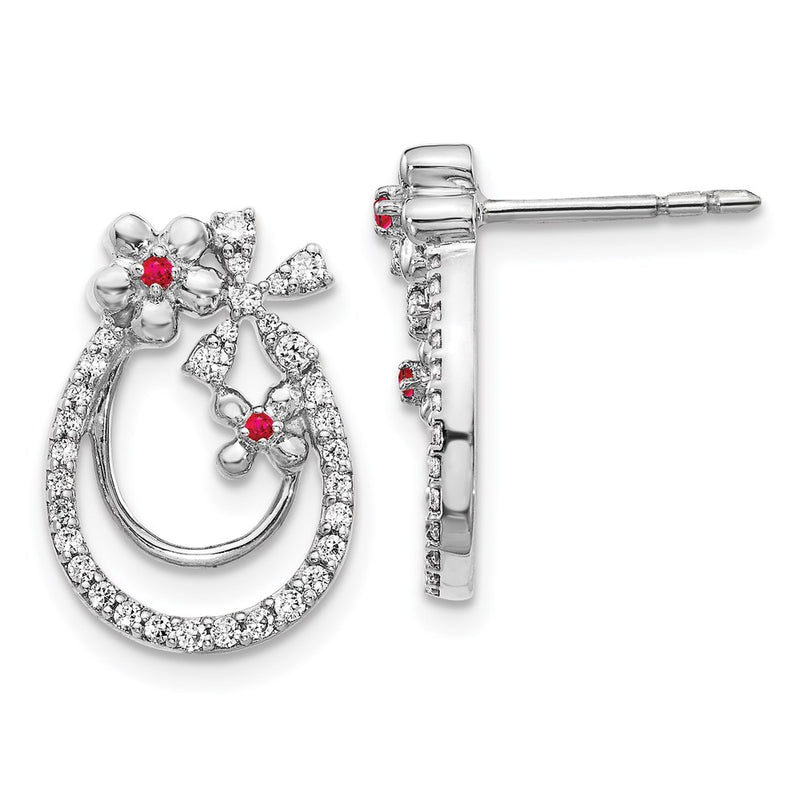 14k White Gold Real Diamond & Ruby Flower Earrings