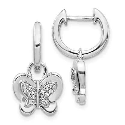 14k White Gold Real Diamond Hoop Butterfly Earrings