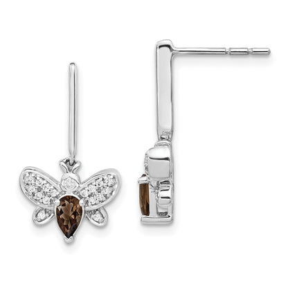 14k White Gold Real Diamond and Smokey Quartz Bee Earrings