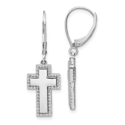 14k White Gold Real Diamond Fancy Cross Leverback Earrings