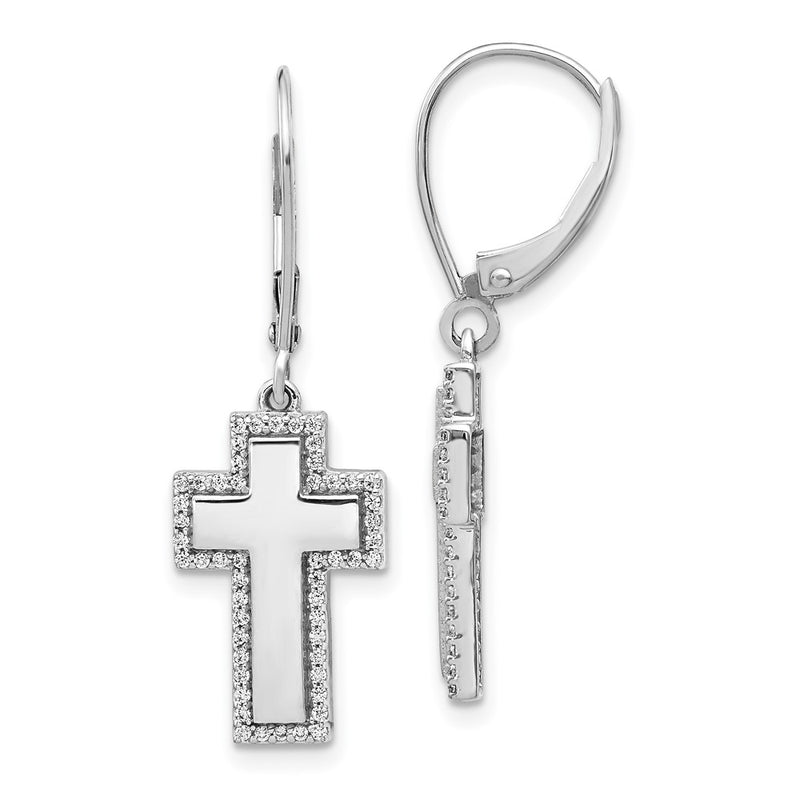 14k White Gold Real Diamond Fancy Cross Leverback Earrings
