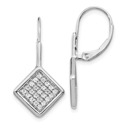 14k White Gold Real Diamond Fancy Square Leverback Earrings