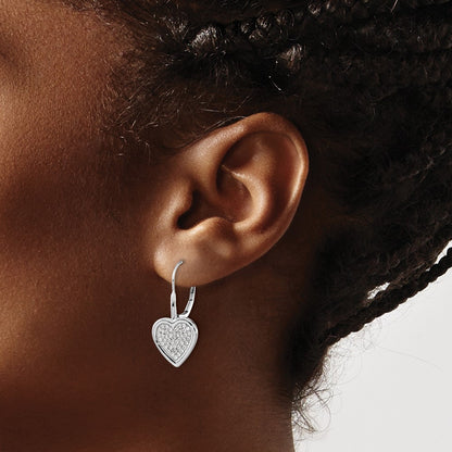 14k White Gold Real Diamond Fancy Heart Leverback Earrings