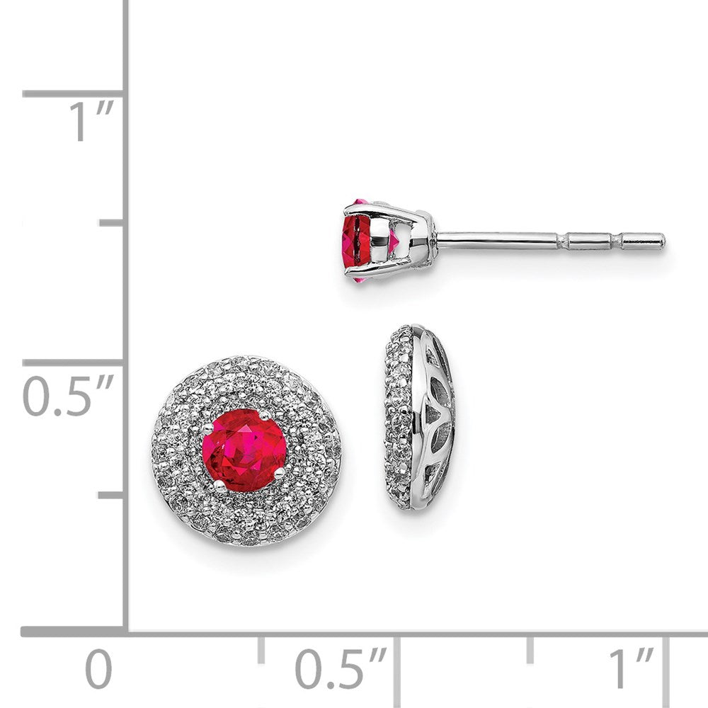 Solid 14k White Gold Simulated CZ and Ruby Stud w/JacKet Earrings