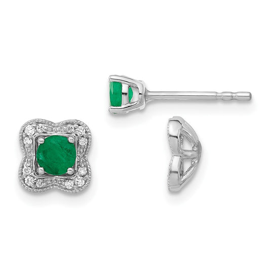 14k White Gold Real Diamond and Emerald Stud w/ Jacket Earrings
