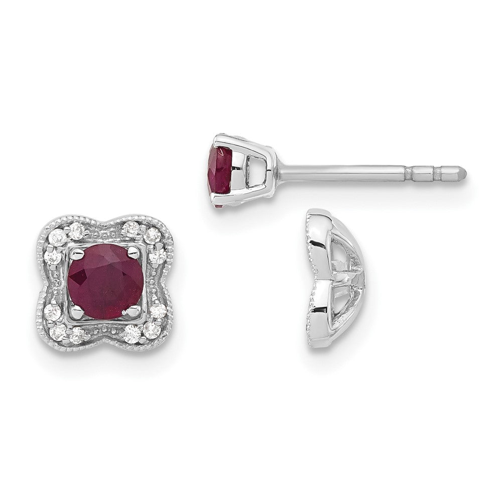 Solid 14k White Gold Simulated CZ and Ruby Stud w/ JacKet Earrings