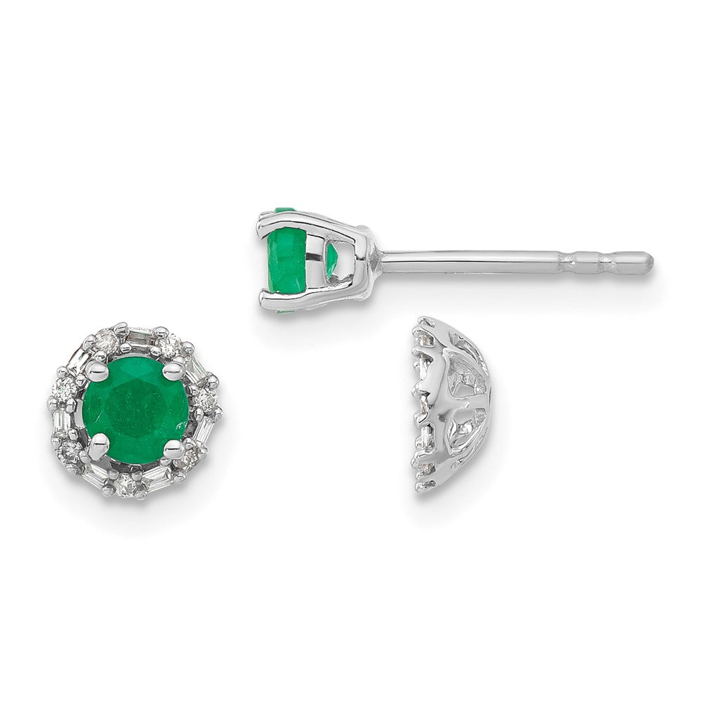 Solid 14k White Gold Simulated CZ and Emerald Stud w/ JacKet Earrings
