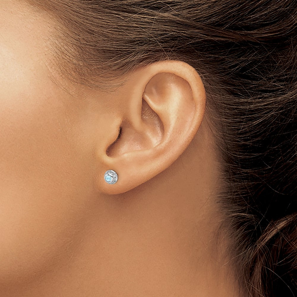 Solid 14k White Gold Simulated CZ and Cabochon Aquamarine Earrings