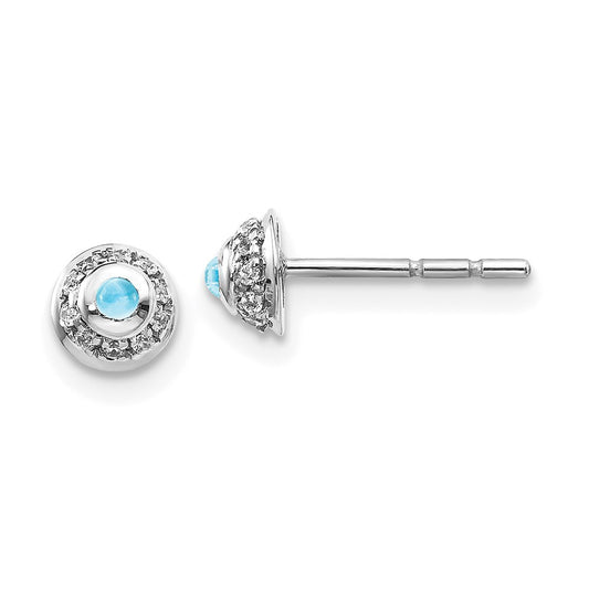 Solid 14k White Gold Simulated CZ & Cabochon Blue Topaz Earrings