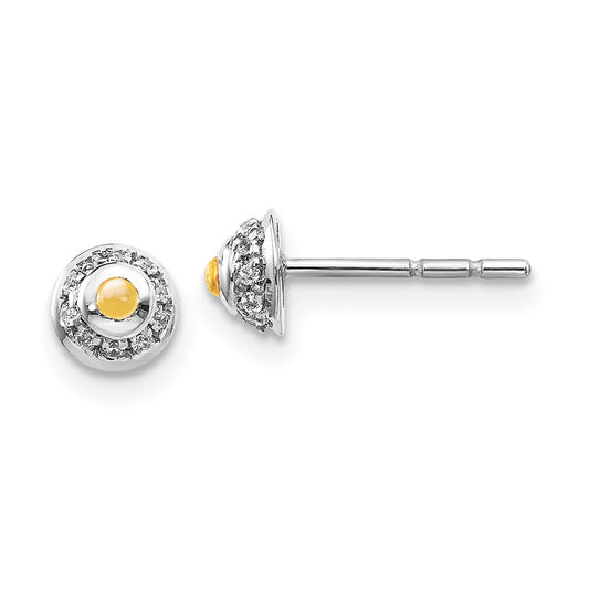 Solid 14k White Gold Simulated CZ and Cabochon Citrine Earrings