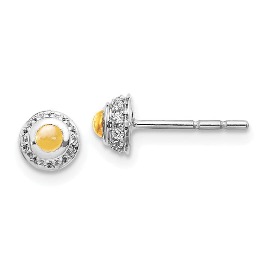 14k White Gold Real Diamond and Cabochon Citrine Earrings