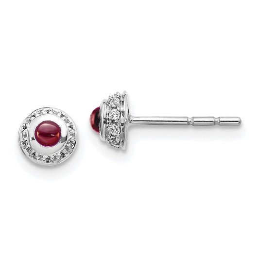 14k White Gold Real Diamond and Cabochon Garnet Earrings