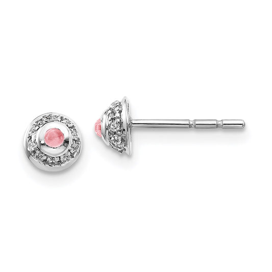 Solid 14k White Gold Simulated CZ & Cabochon Pink Tourmaline Earrings
