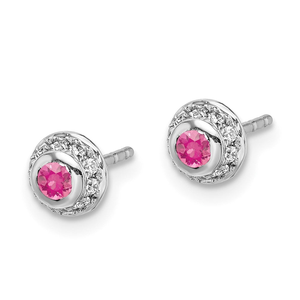 Solid 14k White Gold Simulated CZ and Cabochon Pink Tourmaline Earrings