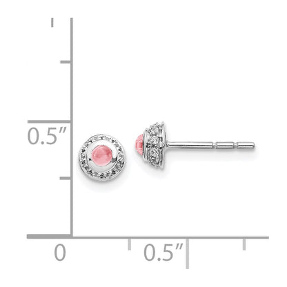 Solid 14k White Gold Simulated CZ and Cabochon Pink Tourmaline Earrings