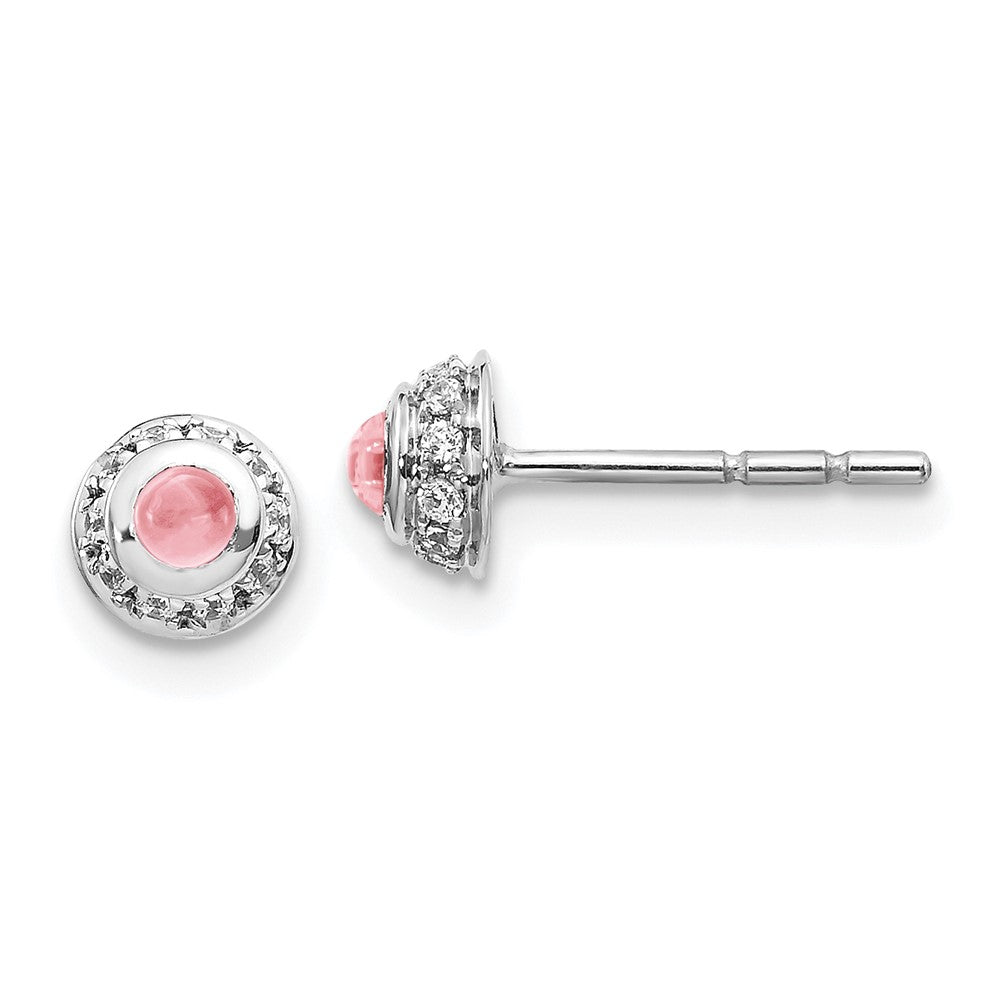 Solid 14k White Gold Simulated CZ and Cabochon Pink Tourmaline Earrings