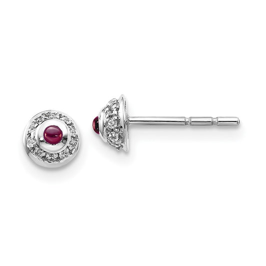 Solid 14k White Gold Simulated CZ and Cabochon Rhodolite Garnet Earrings