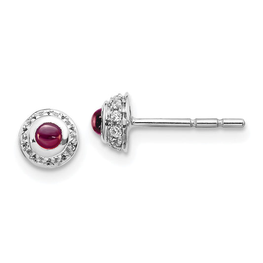 Solid 14k White Gold Simulated CZ and Cabochon Rhodolite Garnet Earrings