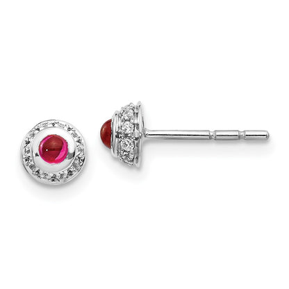 14k White Gold Real Diamond and Cabochon Ruby Earrings