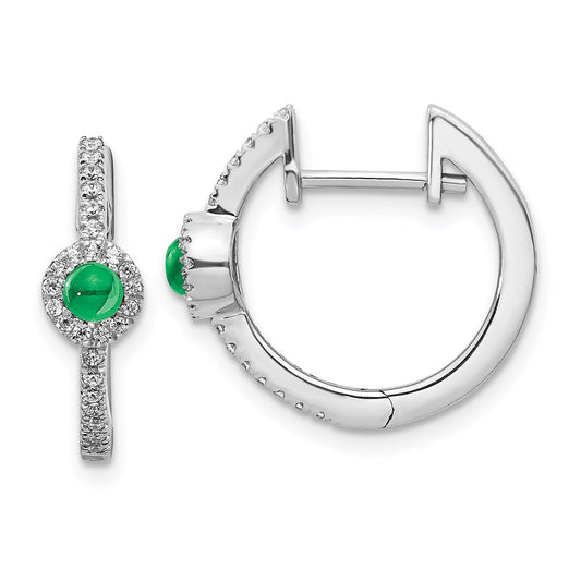 Solid 14k White Gold Simulated CZ & Cabochon Emerald Earrings