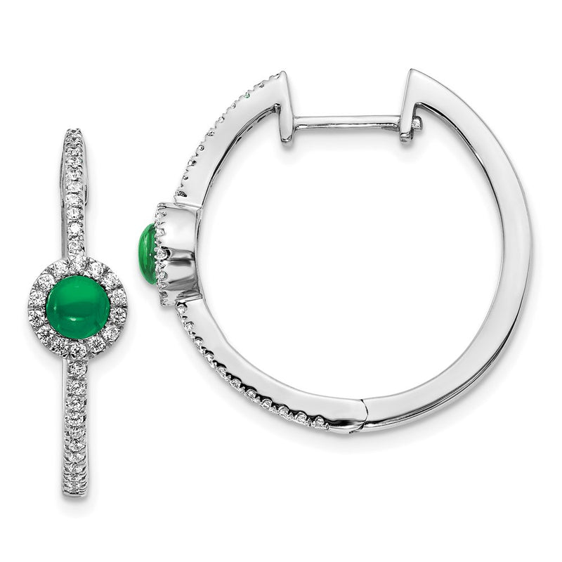 14k White Gold Real Diamond & Cabochon Emerald Hoop Earrings
