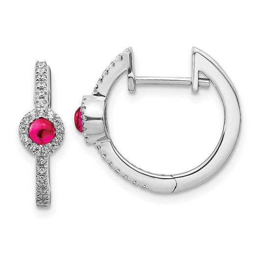 Solid 14k White Gold Simulated CZ and Cabochon Ruby Earrings