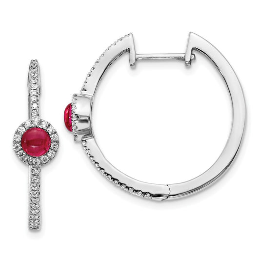 Solid 14k White Gold Simulated CZ and Cabochon Ruby Hoop Earrings