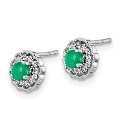 14k White Gold Real Diamond and Cabochon Emerald Earrings