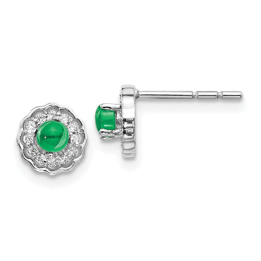 14k White Gold Real Diamond and Cabochon Emerald Earrings
