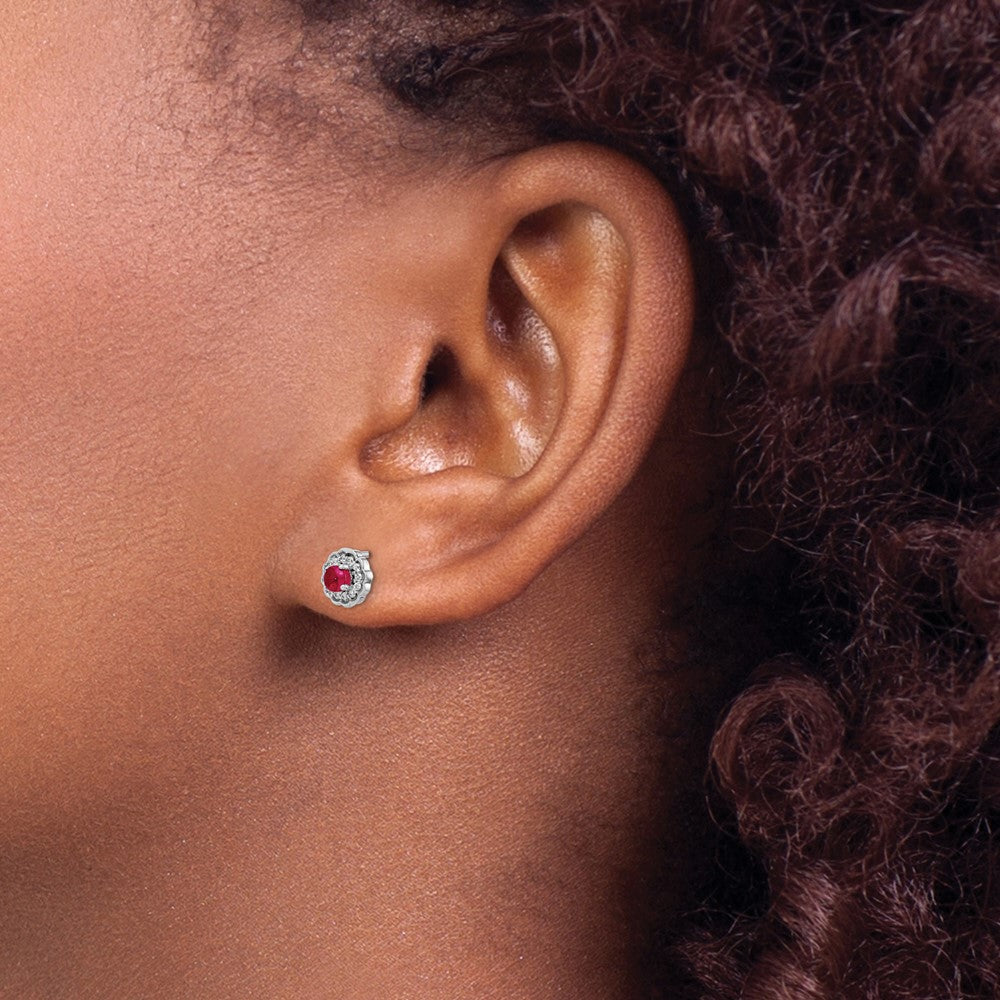 14k White Gold Real Diamond and Cabochon Ruby Earrings