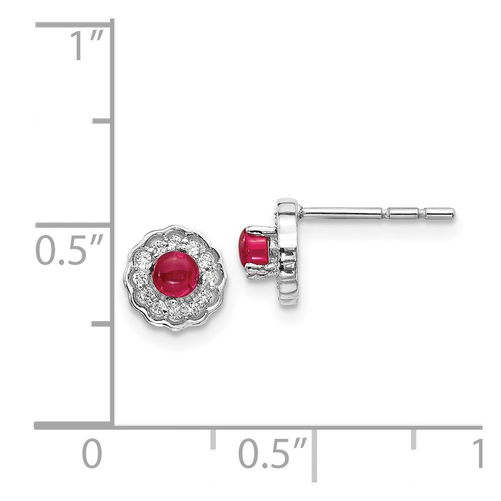 Solid 14k White Gold Simulated CZ and Cabochon Ruby Earrings