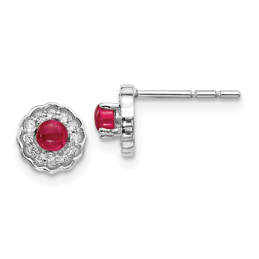 Solid 14k White Gold Simulated CZ and Cabochon Ruby Earrings