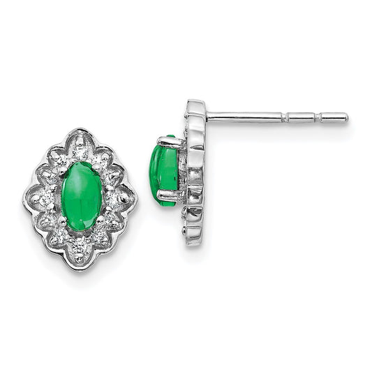 Solid 14k White Gold Simulated CZ and Cabochon Emerald Earrings