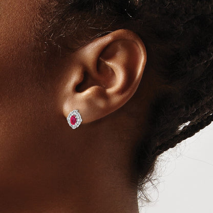 Solid 14k White Gold Simulated CZ and Cabochon Ruby Earrings