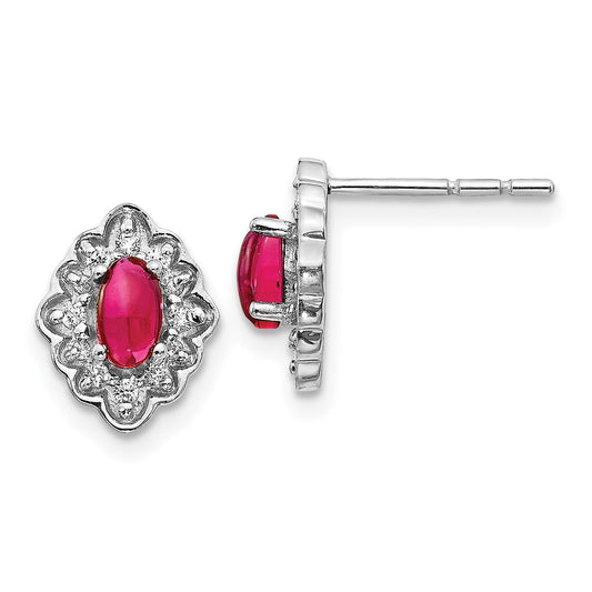 Solid 14k White Gold Simulated CZ and Cabochon Ruby Earrings