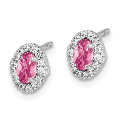 Solid 14k White Gold Simulated CZ and Cabochon Pink Tourmaline Earrings