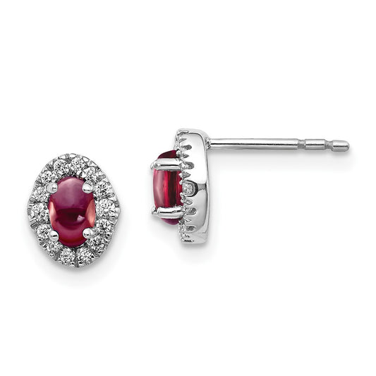 Solid 14k White Gold Simulated CZ and Cabochon Rhodolite Garnet Earrings