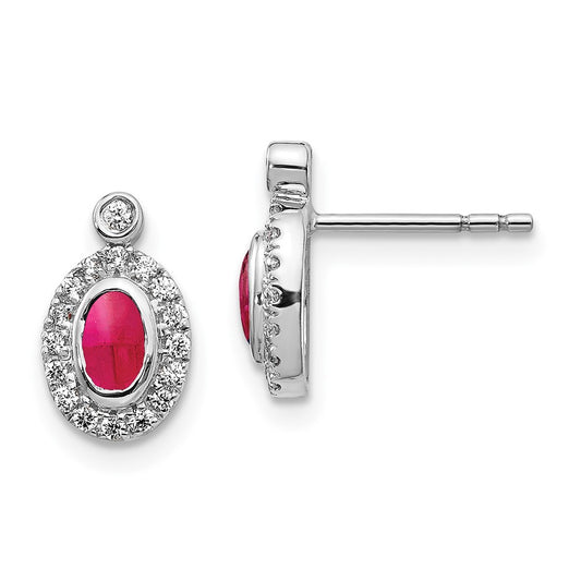 Solid 14k White Gold Simulated CZ and Cabochon Ruby Earrings