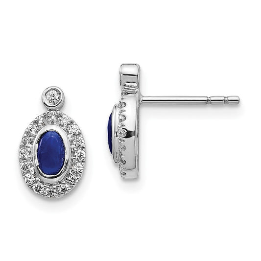 Solid 14k White Gold Simulated CZ and Cabochon Sapphire Earrings