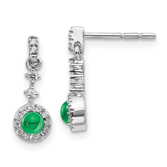 Solid 14k White Gold Simulated CZ and Cabochon Emerald Earrings