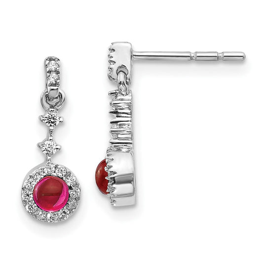 Solid 14k White Gold Simulated CZ and Cabochon Ruby Earrings